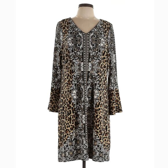 Robbie Bee Dress Women L Leopard Animal Midi Knit Stretch Bohemian Glam Regency - Picture 1 of 9